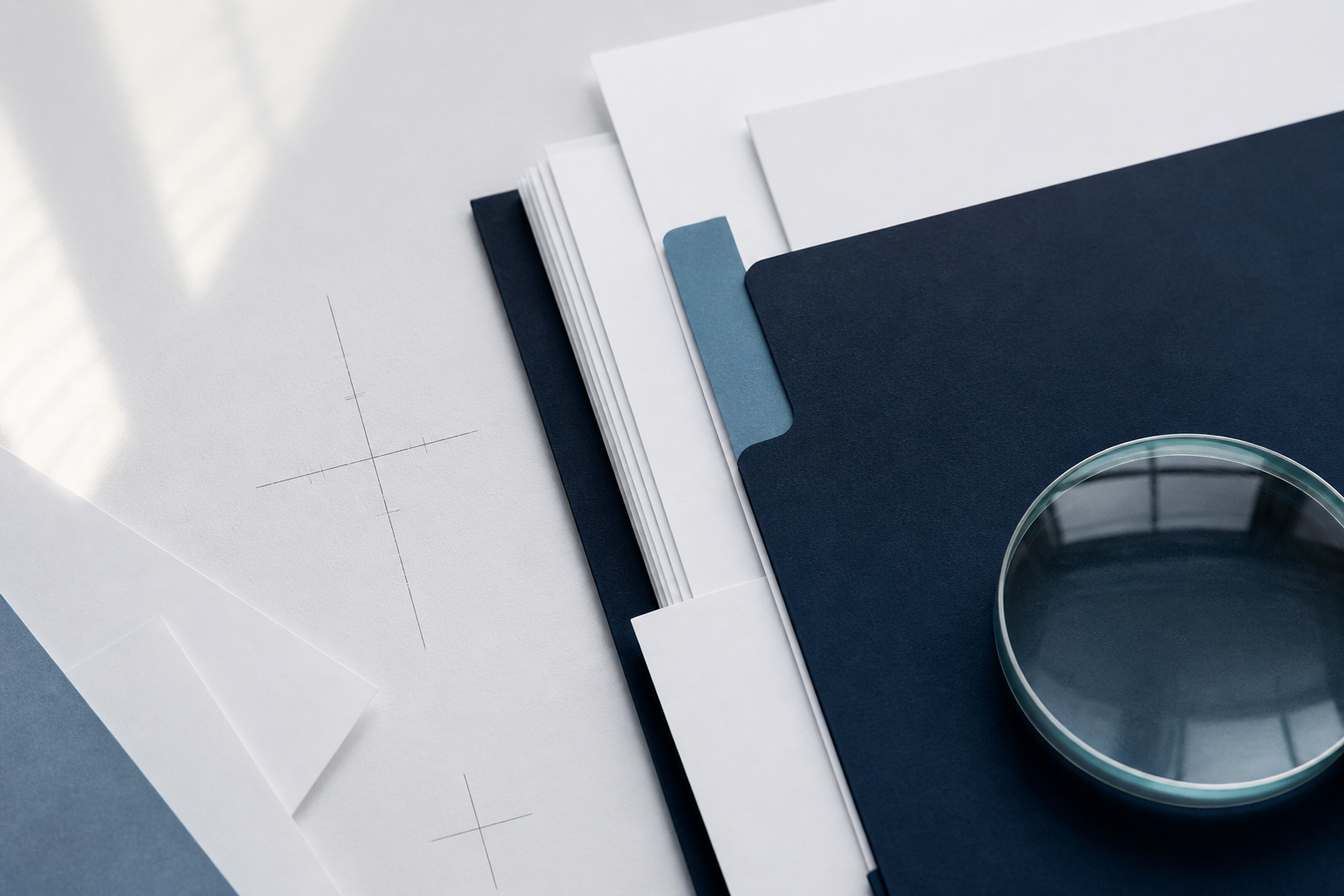 A navy case file open on a white desk, papers under a glass lens, with fine measurement crosshairs marked around it